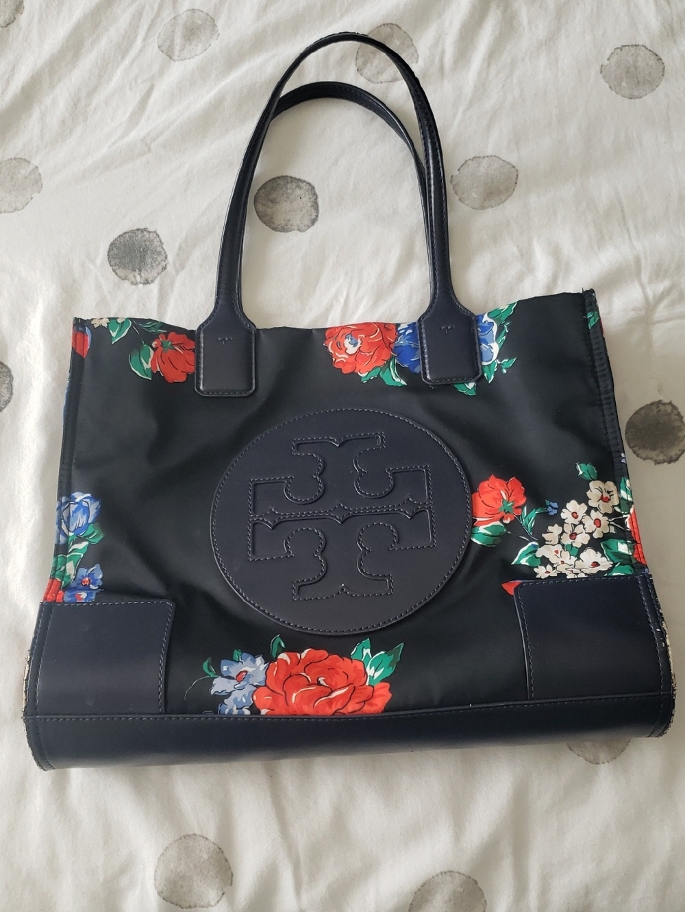 Tory Burch Black Floral Logo Tote with Red & Blue Blooms